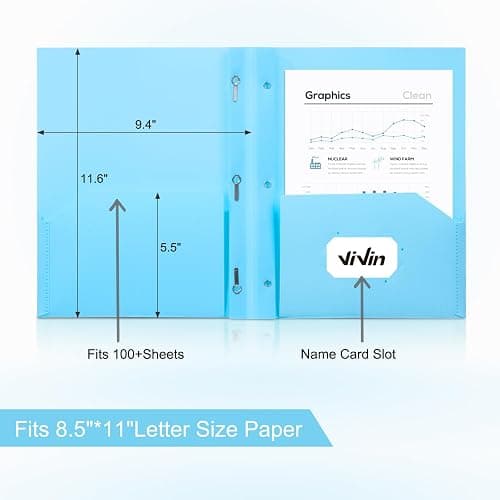 ViVin Sturdy Plastic Folder with Pockets,6 Pack,Heavy Duty Two Pocket 3 Prong Folders,Holds Letter Size Paper,File Folders with Business Card Slot for School Home and Office(Light Blue) thumbnail 3