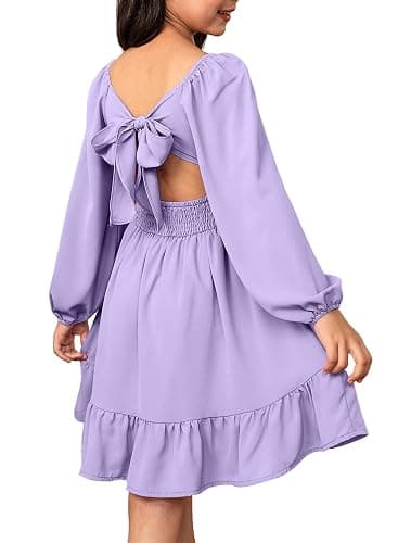 blibean Girls Long Sleeve Tie Back Dress Tween Fall Off Shoulder Dress Size 6-15 Years - Image 1