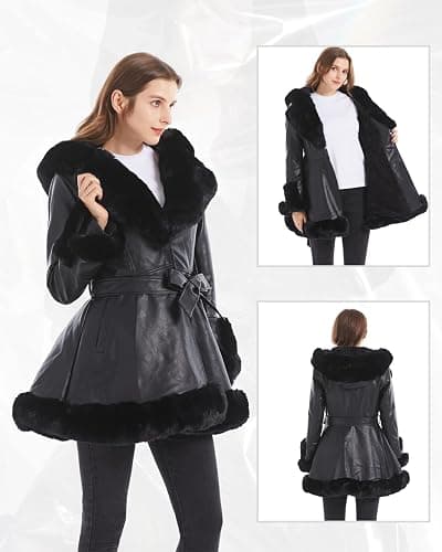 GRAN ORIENTE Women's Faux Leather Jacket with Faux Fur Collar, Winter Long Sleeve Furry Trim Peplum Parka Coat with Belt thumbnail 3
