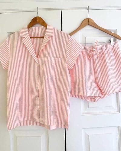 codcm Womens Striped Pajama Set Cute Heart Pjs Sleepwear Short Sleeve Shirt and Shorts Set thumbnail 4