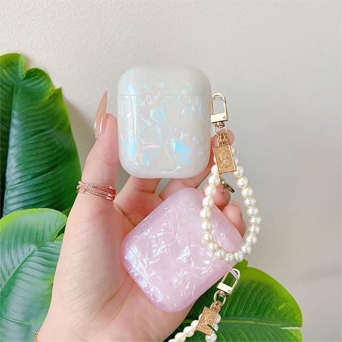 Olytop for Cute Glitter Airpods 2/1 Gen Case with Cleaner Pen,Shell Pattern Airpods 2nd/1st Generation Cover Protective Skin Girl Women with Luxury Pearl Keychain for Apple iPod 2nd/1st Gen - Colorful thumbnail 2