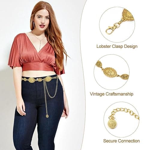 Alaoo Western Gold Metal Concho Chain Belt, Gold Chain Belt for Women, Western Cowgirl Waist Chain Adjustable Gold Metal Vintage Belt, Boho Golden Waist Chain Belts for Women Dresses Jean thumbnail 3