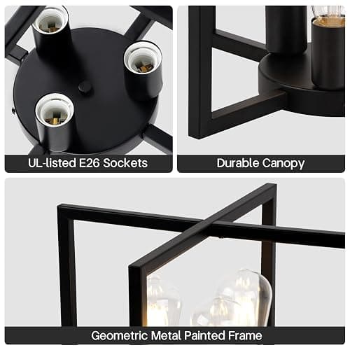 CLARSYNE Farmhouse Industrial Ceiling Light Fixture Flush Mount, Black 3-Light Lighting, Modern Rustic Flush Mount Ceiling Lamp for Kitchen, Living Room, Bedroom, Dining Room, Hallway, Entryway, Foyer thumbnail 6