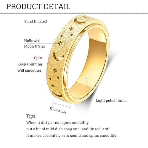 OreilleStar Anxiety Ring for Women Spinner Ring Stainless Steel Fidget Toys Adults Fidget Spinner Ring Fidgit Ring (Moon Star-Gold, 8) thumbnail 5