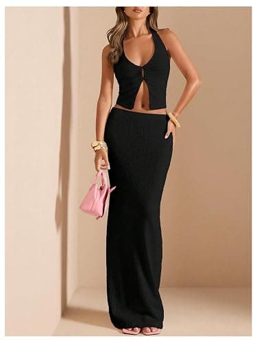 SOLY HUX Women's 2 Piece Evening Party Outfit Elegant Split Hem Halter Crop Top and Maxi Skirt Set thumbnail 4