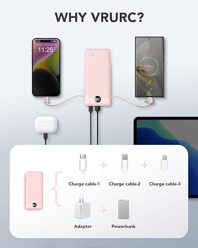 VRURC Portable Charger Built-in Cables and AC Wall Plug,USB C Power Bank 10000mAh, Travel Essentials Phone Charger Compact Lightweight External Battery Pack for Smart Phones, Tablets etc-Pink thumbnail 5