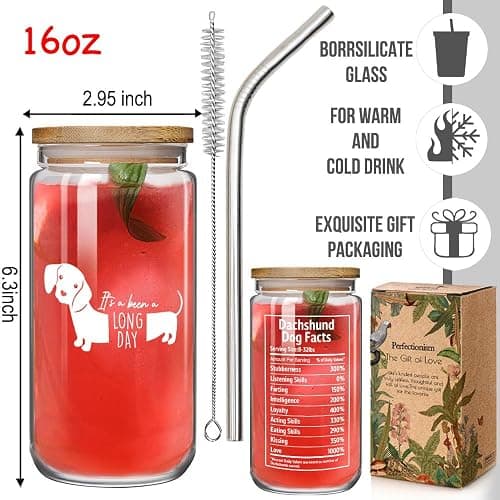 Dachshund 16oz Glass Cups with Lids and Straws Gifts for Women Men - It's Been A Long Day Dachshund, Weiner Dogs Decor, Funny Iced Coffee Cup Gifts for Dog Lover, Mother Birthday Gift for Dog Mom thumbnail 3