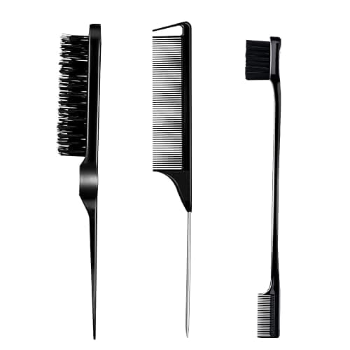 3 Pieces Hair Styling Comb Set Teasing Brush Rat Tail Comb Edge Brush for Edge&Back Brushing, Combing, Slicking Hair for Women (Black) - Image 1