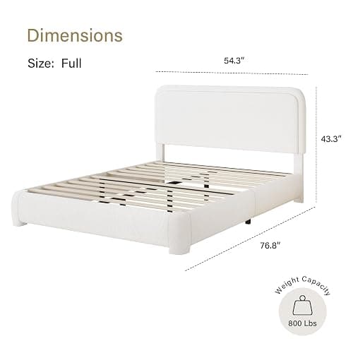 Full Size Bed Frame, Boucle Upholstered Platform Bed Frame with Headboard, Modern Style, Soft Rounded Corners, No Box Spring Required, Easy Assembly, White thumbnail 2