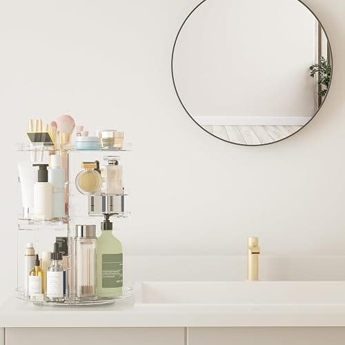 Rotating Makeup Organizer, DIY 8 Adjustable Layers Spinning Skincare Organizer, Cosmetic Display Case with Brush Holder Perfume Tray, Multi-Function Storage Carousel for Vanity Bathroom Countertop thumbnail 2