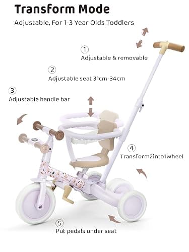 newyoo Lume TR008 Tricycle for Toddlers 1-3, 5-in-1 Push Bike with Parent Handle & Safety Guard, Convertible Balance Bike, Ideal Gift for 1-3 Year Olds, Lilac thumbnail 3
