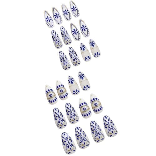FJSMTOPl Boho Press on Nails Medium Almond Fake Nails Press ons with Designs Blue False Nails Glossy Full Cover Acrylic Glue on Nails Cute Artificial Stick on Nails for Women Manicure 24Pcs, style17 thumbnail 5