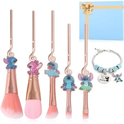 [6 Pcs] Stich Makeup Brush Set & Stich Bracelet, Stich Gifts, Portable Kawaii Makeup Brushes for Powder Eyeshadow Blushes Lips, Adjustable Bracelet Stich Gifts for Girl Women - Image 1