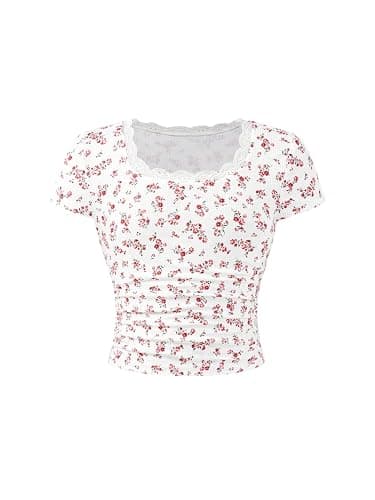 RoseSeek Girl's Ditsy Floral Print Lace T Shirt Short Sleeve Ribbed Ruched Cute Tee Shirts Summer Tops - Image 1