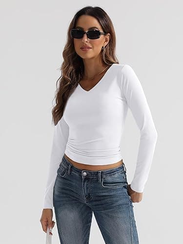 Trendy Queen Long Sleeve Shirts for Women 2025 Fall Fashion V Neck Basics Crop Tops Slim Fitted Y2K Tops Outfits Clothes thumbnail 5
