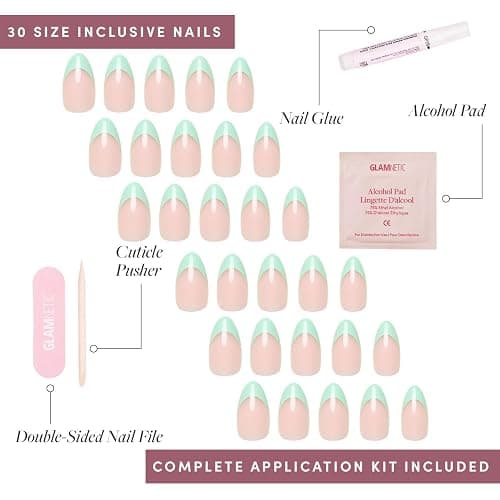 Glamnetic Press On Nails - Pistachio Crème | Short Almond Fake Nails with Mint Blue French Tips and Glossy Finish, Salon Quality | 15 Sizes - 30 Nail Kit with Glue thumbnail 4