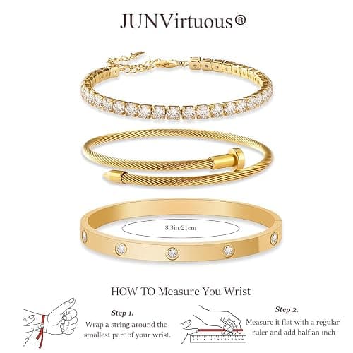 JUNVirtuous 3-Pack Gold Bracelets for Women,18K Gold Plated Bangle Tennis Bracelets Stack Set for Women Trendy Non Tarnish Stainless Steel Gold Bangles Accessories Designer Jewelry Pulseras Para Mujer thumbnail 5