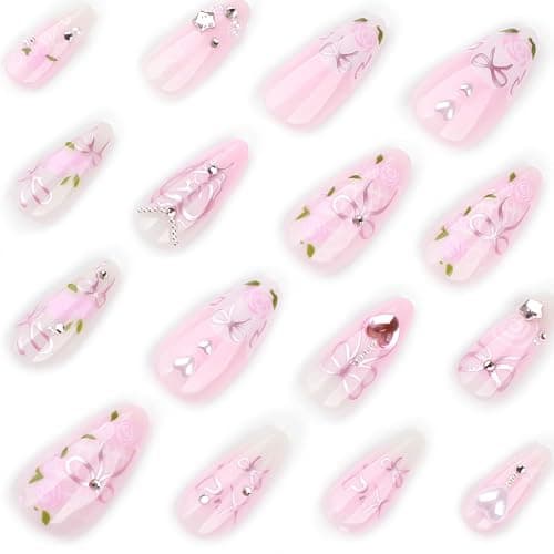 XZMeiLun 3D Handmade Spring & Summer Heart Pearl Press On Nails Almond Medium 24 Pcs, Flower Designer Reusable Acrylic Fake Nails with Glue, Wedding and Party, Daily wear Nails fro Women Gift thumbnail 5