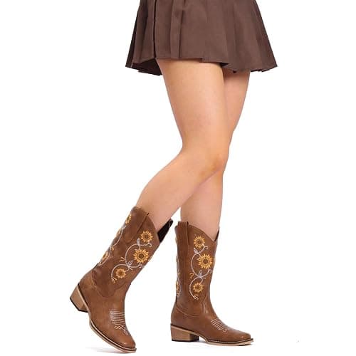 Bybmorto Cowboy Boots for Women - Mid Calf Western Sunflower Cowgirl Boots with Floral Embroidery, Square Toe Stitched Pull On Retro Design, Perfect for Country Idyll, Concerts and More thumbnail 5