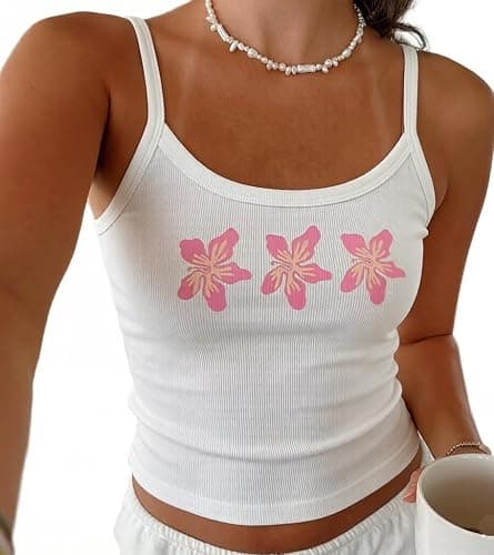 Women Y2k Hibiscus Beachy Tank Tops Summer Floral Graphic Cropped Shirts Cute Spaghetti Strap Ribbed Fitted Camisole - Image 1