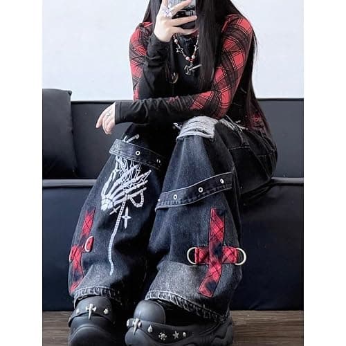 Y2K Ripped Grunge Baggy Jeans Pants Emo Women Goth Straight Leg Pants High Waist Alt 2000s Trousers Clothes thumbnail 6