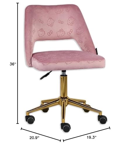 Impressions Vanity Hello Kitty Velvet Vanity Chair with Back, 360 Degrees Swivel Cute Desk Chair with Wheels, Golden Rolling Base Adjustable Height Makeup Chair for Bedroom (Pink) thumbnail 3