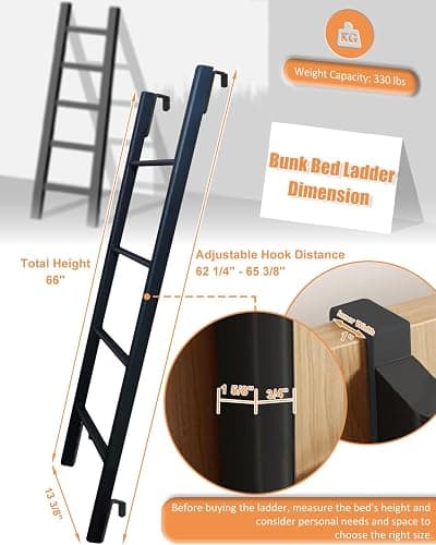 RV Bunk Bed Ladder One-Piece Steel, 50"/55"/60"/66"/72'' Bunk Bed Ladder with Flexible and Adjustable Hooks, Safe and Non-Slip Bunk Ladders for RV Home Dormitory, Load-Bearing 330 Pounds thumbnail 3