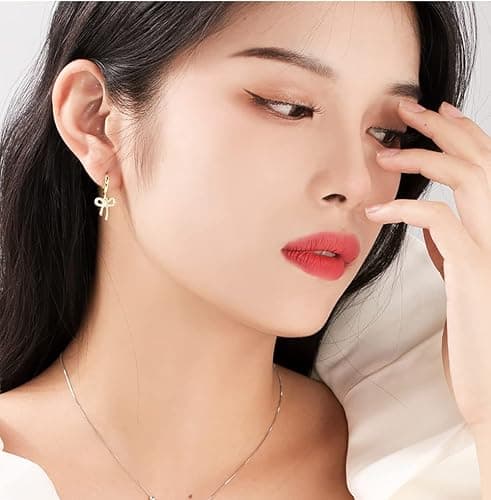 Reffeer Solid 925 Sterling Silver Bow Drop Hoop Earrings for Women Teen Girls Bowknot Hoop Earrings Huggie Ribbon Earrings thumbnail 2