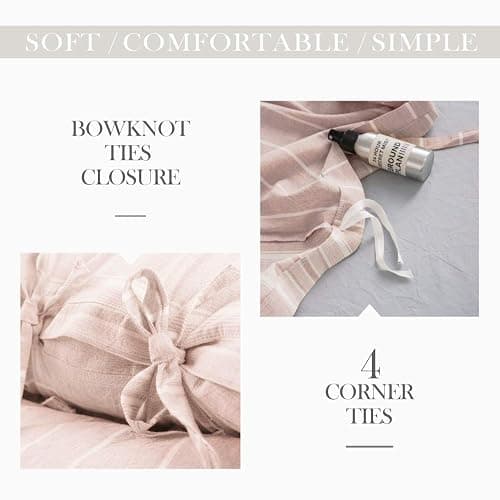 BISELINA Striped Duvet Cover Set 3pcs 100% Washed Cotton Linen Like Textured with Bowknot Bow Ties Strap Reversible Breathable Soft Comfy Chic Yarn Dyed Bedding (King, Cream Tan) thumbnail 3