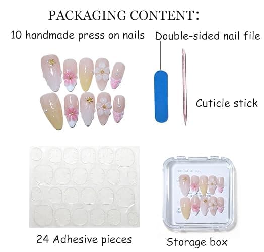 10Pcs Medium Almond Handmade Press On Nails | Nude Pink & Yellow Ombre with Seashell, Starfish, 3D Floral & Pearl Decor | Reusable Salon-Quality Fake Nails for Women and Girls (25901, M) thumbnail 3