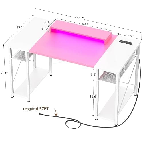 Armocity Computer Desk with LED Lights, 55 Inch Desk with Power Outlet and USB, Reversible Large Desk with Moveable Monitor Stand, 55.2'' Gaming PC Table for Home Office, Workstation, Pink and White thumbnail 3