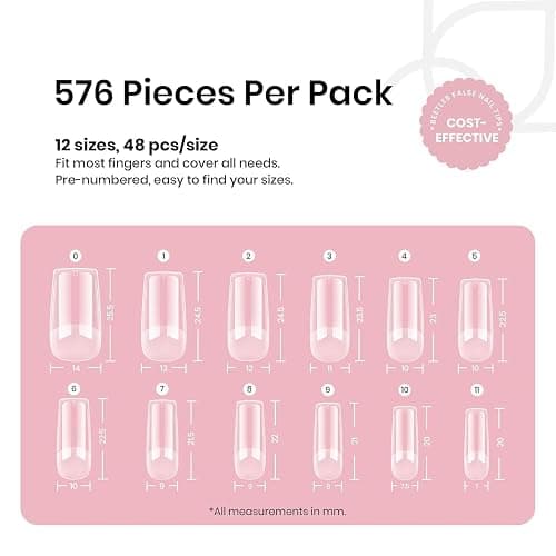 Beetles Nail Tips Medium Square 576Pcs 12 Sizes - Pre-Etched Soft Acrylic Nail Tips Half Matte False Nails Nail Art Full Cover Press Ons Nail Extensions Gift Set Home DIY Nail Salon thumbnail 3