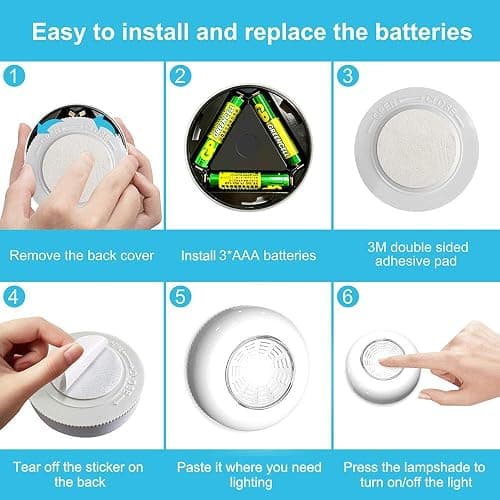 Tap Light 6 Pack Portable LED Puck Touch Night Lights - Battery Operated Under Cabinet Lighting for Kitchen, Closet, Classroom, Indoor & Outdoor thumbnail 9