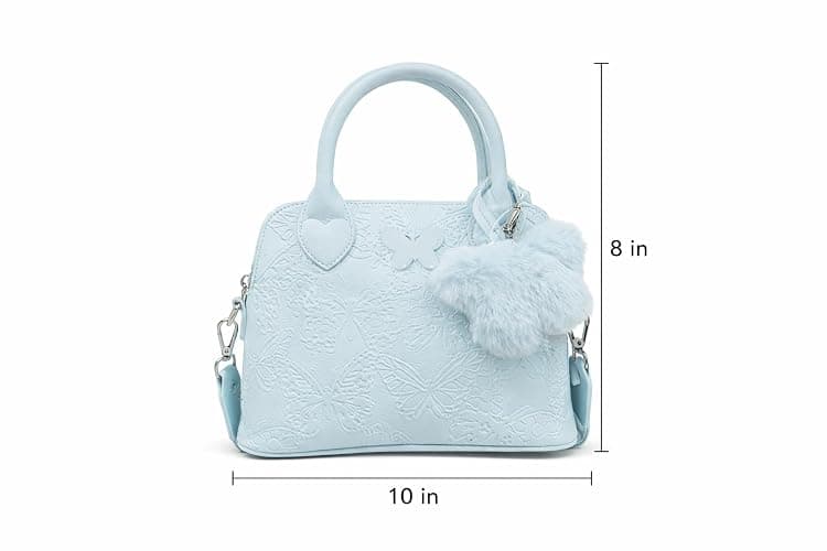 Betsey Johnson Butterfly Embossed Satchel Handbag, Light Blue, with Crossbody Strap and Faux Fur Charm, 10x8 in thumbnail 3