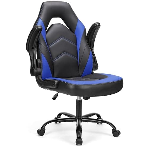 Sweetcrispy Computer Gaming Desk Chair - Ergonomic Office Executive Adjustable Swivel Task PU Leather Racing Chair with Flip-up Armrest for Adults, Kids, Men, Girls, Gamer, Black Blue - Image 1