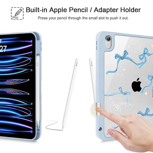 Tuiklol Case for iPad 11 inch (A16 Chip) 2025 Generation 11th / iPad 10.9 inch 2022 10th Gen, Buit in Pencil Holder with Shockproof Cover Clear Transparent Back Shell Auto Wake/Sleep, Bow-Blue thumbnail 5