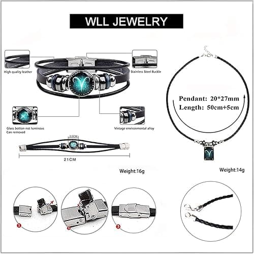 Zodiac Necklace and Bracelet Set Hand Woven Leather Zodiac Bracelet Rectangle 12 Constellation Pendant Necklace Zodiac Sign Jewelry for Women Men thumbnail 5