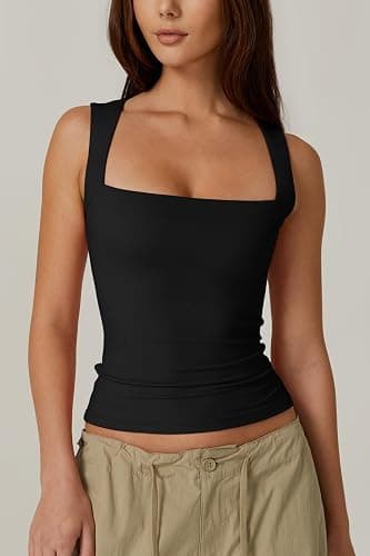 QINSEN Women's Square Neck Sleeveless Double-Layer Tank Tops Basic Tight T Shirts thumbnail 3