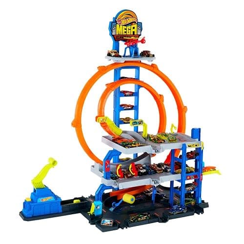Hot Wheels Toy Car Track Set with Die-Cast Car & Helicopter, 2 Loops, Storage for 36 1:64 Scale Vehicles, Speed Snap Adapters, Mega Loop Garage thumbnail 7