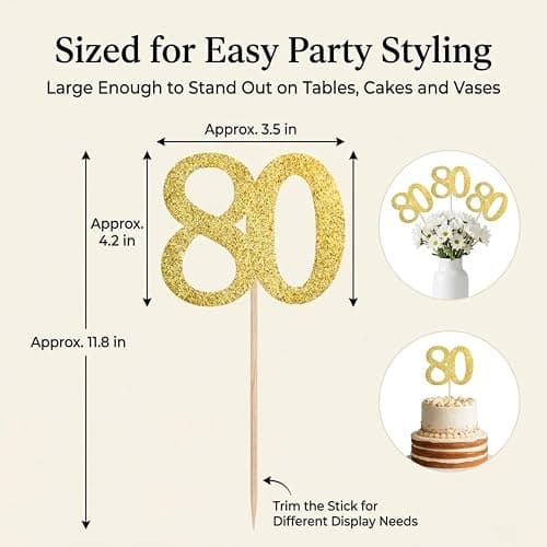 10Pcs Gold 80th Birthday & Anniversary Centerpiece Sticks, Pre-Assembled | Pre-assembled double-sided sticks for vases, party tables, vases, cakes, dessert tables and party displays thumbnail 3