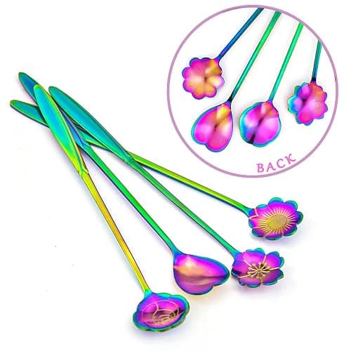LEEFONE Flower Spoon Set of 4, 7 Inches Stainless Steel Reusable Cute Tea Spoon for Drink Mixing Milkshake Jam (Rainbow) thumbnail 3