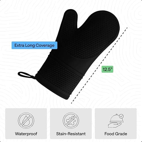 GORILLA GRIP Silicone Oven Mitts, 550F Heat Resistant, 12.5x8.3, Black | BPA-Free Cooking Waterproof Safety Gloves, Thick Cotton Lining, Flexible Gripping for Baking, Grilling, Kitchen Potholder Set thumbnail 4