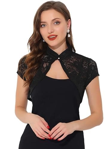 Allegra K Women's Lace Cardigan Stand Collar Short Elegant Shrug Open Front Cropped Bolero Cardigan - Image 1