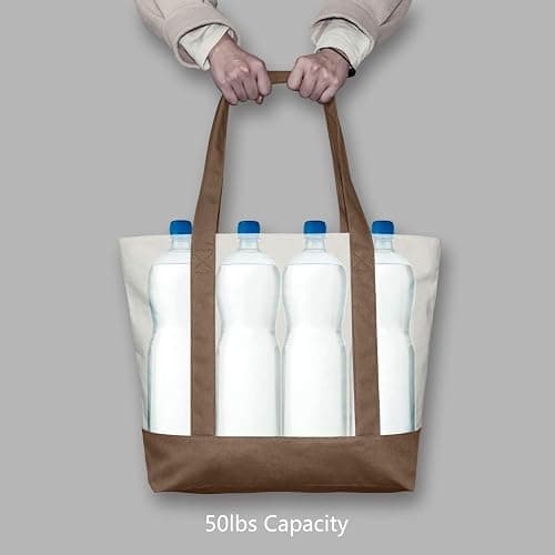 TOPDesign 1-Pack Canvas Tote Bag with an External Pocket, Reusable Grocery Shopping Bag, Top Zipper Closure, Daily Essentials (Brown/Natural) thumbnail 6