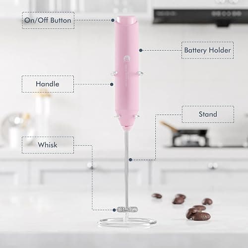 Powerful Milk Frother Handheld Foam Maker, Mini Whisk Drink Mixer for Coffee, Cappuccino, Latte, Matcha, Hot Chocolate, With Stand, Pink thumbnail 4
