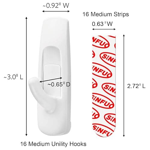 Sinfuo Utility Wall Hooks for Hanging Medium 16 Hooks, Damage Free Hanging Wall with Adhesive 20 Strips, Heavy Duty Adhesive Damage Free for Key Holder, Coat, Door, Shower thumbnail 3