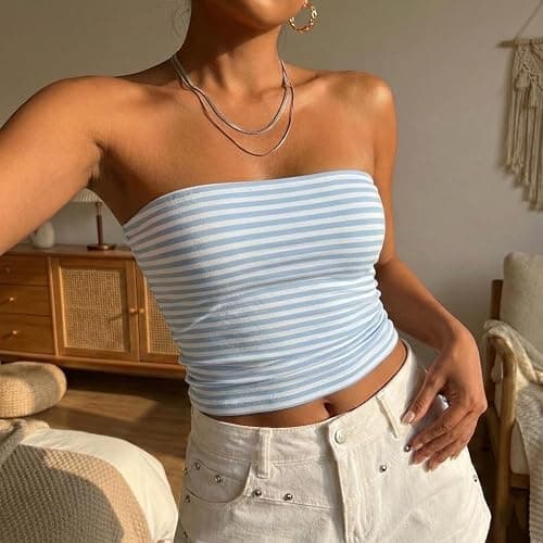Women Cute Striped Tube Tops Y2K Aesthetic Strapless Bandeau Sleeveless Backless Crop Top Casual Spring Summer Going Out thumbnail 2