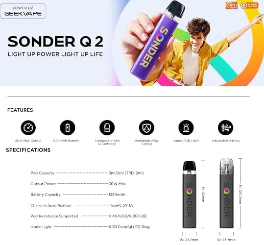 SONDA Q2 | GEEKVAPE Sonder Q 2 Kit 3ml GeekVape Q Pod Cartucho 0.8ohm 30W Batería 1350mAh Vaporizador No nicotine, No e-liquid thumbnail 2