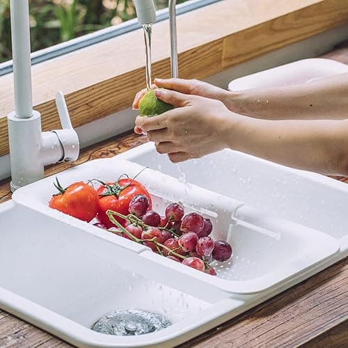 Collapsible Sink Colanders and Strainers Basket Over the Sink Colander Collapsible Colander Extendable Plastic Fruit Vegetable Strainer Drainer Basket for Kitchen (Length 14.3 inch-19.4 inch) (White) thumbnail 5