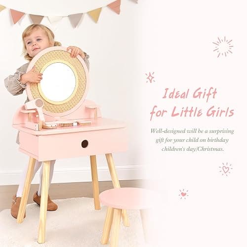 OOOK Kids Vanity Table and Chair Set, Pink Girls Vanity with 11 Pcs Accessories, Enough for Real and Pretend Makeup, Toddler Vanity for 3 Year Old and Up as Ideal Gift thumbnail 7